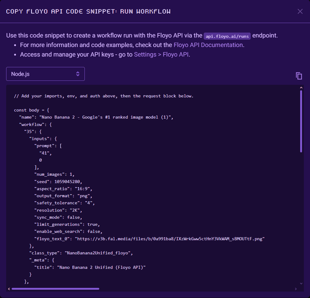 Floyo API code snippet modal for running a workflow