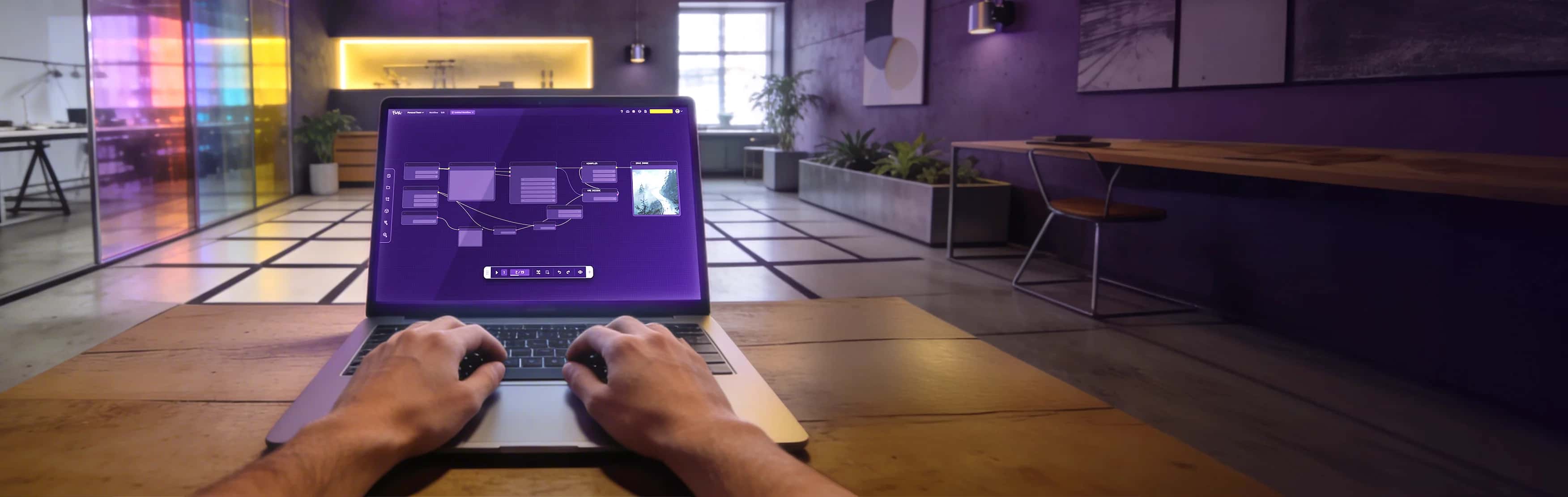 Hands on a laptop showing Floyo workflow editor in a studio environment